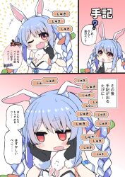 Rule 34 | 1girl, 3koma, ?, \n/, animal ear fluff, animal ears, black gloves, blank eyes, blue hair, blush, braid, breasts, carrot, carrot hair ornament, cleavage, clothing cutout, comic, commentary request, detached sleeves, don-chan (usada pekora), emphasis lines, extra ears, food-themed hair ornament, fur-trimmed gloves, fur scarf, fur trim, gloves, hair ornament, hands on own cheeks, hands on own face, highres, hololive, index finger raised, long hair, looking at viewer, matsubara tsuyoshi, multicolored hair, one eye closed, open mouth, puffy detached sleeves, puffy short sleeves, puffy sleeves, pun, rabbit ears, rabbit girl, red eyes, short eyebrows, short sleeves, small breasts, smile, speech bubble, teeth, thick eyebrows, translated, twin braids, twintails, underboob cutout, upper teeth only, usada pekora, usada pekora (1st costume), virtual youtuber, white hair, white sleeves