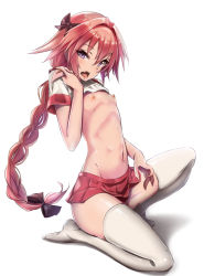 Rule 34 | 1boy, astolfo (fate), astolfo (sailor paladin) (fate), black ribbon, braid, fang, fate/apocrypha, fate/grand order, fate (series), hair ribbon, highres, looking at viewer, male focus, navel, nipples, official alternate costume, open mouth, pecolondon, purple eyes, red skirt, ribbon, school uniform, serafuku, short sleeves, simple background, single braid, skirt, solo, thighhighs, trap, white background, white thighhighs