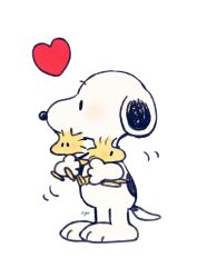 Rule 34 | artist name, ayu (mog), bad id, bad pixiv id, bird, dog, heart, no humans, peanuts (comic), simple background, snoopy, standing, white background, woodstock