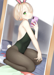 Rule 34 | 1girl, absurdres, animal ears, bad id, bad pixiv id, bare arms, bare shoulders, black leotard, black pantyhose, blonde hair, blush, cellphone, closed mouth, dutch angle, fake animal ears, forehead, full body, green eyes, hair over one eye, highres, leotard, looking at viewer, mirror, nametarou (meron), original, pantyhose, phone, playboy bunny, rabbit ears, rabbit tail, raised eyebrows, reaching, reaching towards viewer, reflection, seiza, selfie, short hair, sitting, smartphone, smile, solo, strapless, strapless leotard, tail