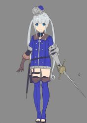 Rule 34 | 1girl, arms at sides, black choker, black ribbon, blue eyes, blue footwear, blue jacket, blunt bangs, boots, bow, bow choker, brown gloves, buttons, choker, closed mouth, double-breasted, enkyo yuuichirou, full body, gauntlets, gloves, grey background, grey hair, gun, hair ribbon, handgun, hat, holding, holding sword, holding weapon, holster, jacket, knee boots, leg strap, legs together, long hair, looking at viewer, mini hat, original, rapier, revolver, ribbon, scabbard, sheath, single gauntlet, smile, solo, standing, sword, thigh strap, toeless footwear, twintails, unsheathed, very long hair, weapon, zipper