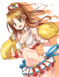 Rule 34 | 10s, 1girl, bad id, bad pixiv id, bikini, bikini top only, blonde hair, blush, breasts, brown hair, character name, cleavage, detached collar, highres, hino akane (idolmaster), idolmaster, idolmaster cinderella girls, looking at viewer, midriff, miniskirt, navel, open mouth, paopao, pleated skirt, pom pom (cheerleading), ribbon, shadow, shiny skin, skirt, smile, solo, star (symbol), swimsuit, white background, white bikini, wrist cuffs, wristband