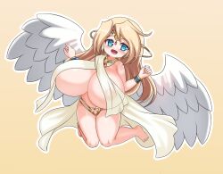Rule 34 | :d, alternate breast size, angel, angel wings, blonde hair, blue eyes, blush, bracelet, breast curtains, breasts, bright pupils, forehead jewel, huge breasts, ilias, jewelry, long hair, long pointy ears, mon-musu quest!, nav (itsnav), open mouth, pointy ears, revealing clothes, see-through, shortstack, showgirl skirt, simple background, smile, very long hair, white pupils, wings