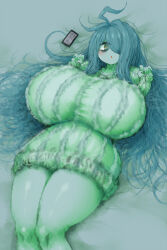 Rule 34 | 1girl, 2b-ge, ahoge, bags under eyes, breasts, female focus, green theme, grey background, hair over one eye, highres, huge breasts, legs, looking at viewer, lying, mei (2b-ge), original, phone, solo, spot color, sweater, taut clothes, thick thighs, thighs, w arms