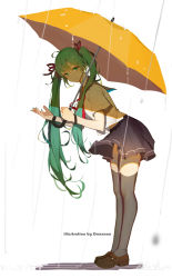 Rule 34 | 1girl, 7lark, bent over, black thighhighs, full body, green eyes, green hair, hatsune miku, loafers, long hair, looking at viewer, matching hair/eyes, nail polish, rain, school uniform, serafuku, shoes, simple background, skirt, solo, standing, thighhighs, twintails, umbrella, very long hair, vocaloid, white background, wind, wind lift, yellow umbrella