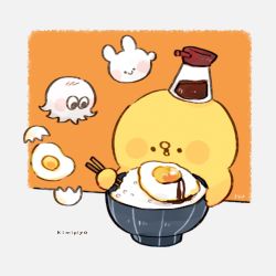 Rule 34 | 3others, artist name, bird, blush stickers, border, bowl, character name, chick, chicken, chopsticks, commentary, creature, egg (food), eggshell, english text, floating, food, fried egg, grey border, highres, holding, holding chopsticks, kimipiyo (tenmiyakiyo), looking down, mochidako (tenmiyakiyo), multiple others, no humans, object on head, open mouth, orange background, original, rabbit, rice, signature, simple background, smile, solid circle eyes, soy sauce, symbol-only commentary, tenmiyakiyo, usachii (tenmiyakiyo)
