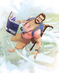Rule 34 | 1boy, abs, backpack, bag, bara, barefoot, beard, book, brown hair, brown shorts, camera, camera around neck, chest hair, cloud, cloudy sky, day, facial hair, flying, glasses, gyee, highres, jojiart, large pectorals, male focus, manly, muscular, muscular male, official alternate costume, open book, outdoors, pectorals, pink shirt, shirt, short hair, shorts, sky, solo, travel, vundo (gyee), watch, wristwatch