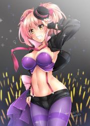 Rule 34 | 10s, 1girl, arm up, armpits, blush, bow, breasts, cleavage, cowboy shot, cropped jacket, curvy, dated, glowstick, grin, groin, hair bow, hat, high collar, idolmaster, idolmaster cinderella girls, jougasaki mika, kirisaki byakko, large breasts, light stick, long sleeves, looking at viewer, navel, necktie, pantyhose, pink hair, red necktie, short shorts, shorts, smile, solo, sparkle, suspenders, sweat, thighband pantyhose, twintails, twitter username, two side up, wide hips, yellow eyes