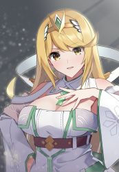 Rule 34 | 1girl, agnus female off-seer uniform, bare shoulders, blonde hair, breasts, chest jewel, detached collar, detached sleeves, highres, large breasts, long hair, mythra (xenoblade), patterned, patterned clothing, ribbon, solo, swept bangs, tsumugi 1210, very long hair, xenoblade chronicles (series), xenoblade chronicles 2, xenoblade chronicles 3, yellow eyes