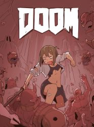 Rule 34 | 1girl, 6+others, action, armor, axe, bandages, baron of hell, battle, blue eyes, brown hair, cacodemon, demon, doom (game), doom (series), hell, helmet, highres, horns, imminent rape, imp (doom), jewelry, lost soul (doom), mancubus, midriff, multiple others, navel, necklace, nns (sobchan), open mouth, pain elemental, penis, pinky demon, revenant (doom), science fiction, short hair, sword, the shining, weapon, zombie, zombieman (doom)