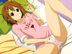 Rule 34 | 1girl, artist request, bare legs, bed, bow, bow panties, brown eyes, brown hair, clothes writing, female masturbation, fingering, hair ornament, hairpin, hand in panties, heart, highres, hirasawa yui, k-on!, lying, masturbation, minarui, no pants, on back, panties, pillow, pink panties, solo, spread legs, underwear