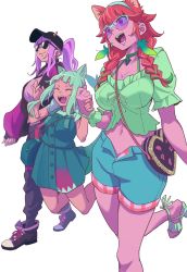 Rule 34 | 3girls, ^ ^, animal ears, baseball cap, blue hair, blunt bangs, cat ears, choker, closed eyes, couple, earrings, family, feather earrings, feathers, fins, fish tail, gawr gura, gawr gura (casual), gradient hair, hand grab, hat, highres, holding hands, hololive, hololive english, jewelry, long hair, medium hair, mori calliope, mori calliope (streetwear), mother and daughter, multicolored hair, multiple girls, murakumota, official alternate costume, open mouth, orange hair, pink-tinted eyewear, pink-tinted glasses, shark girl, shark tail, sharp teeth, smile, sunglasses, tail, takanashi kiara, takanashi kiara (casual), teeth, tinted eyewear, track suit, two side up, virtual youtuber, yuri