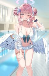 Rule 34 | 1girl, absurdres, angel wings, bikini, blue archive, blush, breasts, cleavage, commentary, double bun, feathered wings, feet out of frame, grin, hair bun, highres, large breasts, looking at viewer, mika (blue archive), ojyomu, one eye closed, pink hair, short hair, smile, solo, swimsuit, wet, white bikini, white wings, wings, yellow eyes