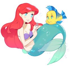 Rule 34 | air bubble, ariel (disney), bare arms, bare shoulders, bikini, blue eyes, breasts, bright pupils, bubble, cleavage, commentary, english commentary, eyes visible through hair, fish, flounder (the little mermaid), fork, halphelt, hat ornament, highres, holding, holding fork, long hair, medium breasts, mermaid, monster girl, navel, purple bikini, red hair, shell, shell bikini, simple background, smile, star (symbol), star hat ornament, swimsuit, the little mermaid, underwater, white background, white pupils