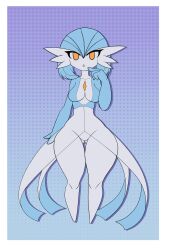 Rule 34 | 1girl, absurdres, alternate color, arm at side, blue background, blue hair, blue skin, bob cut, border, breasts, collarbone, colored skin, creatures (company), darkwrath, drop shadow, female focus, finger to mouth, flat color, full body, game freak, gardevoir, gen 3 pokemon, gluteal fold, gradient background, groin, hair between eyes, hand up, highres, legs, looking at viewer, medium breasts, multicolored skin, nintendo, open mouth, orange eyes, pokemon, pokemon (creature), see-through, shiny pokemon, short hair, simple background, solo, standing, straight-on, thick thighs, thighs, two-tone skin, white border, white skin, wide hips