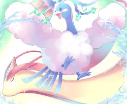 Rule 34 | altaria, bird, brown eyes, closed mouth, commentary request, creatures (company), closed eyes, game freak, gen 3 pokemon, highres, looking to the side, milotic, musical note, nintendo, no humans, open mouth, pokemon, pokemon (creature), smile, sparkle, tongue, tudurimike, water, water drop