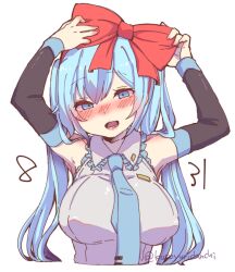 Rule 34 | 1girl, armpits, blue eyes, blue hair, blue necktie, bow, breasts, detached sleeves, hair bow, hatsune miku, kusoyuridanchi, large breasts, long hair, looking at viewer, necktie, red bow, simple background, solo, twitter username, upper body, vocaloid, white background