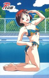 Rule 34 | 1990s (style), 1girl, arm up, barefoot, bikini, blue bikini, day, floral print, full body, hairband, halterneck, kayama tamami, kneeling, non-web source, official art, open mouth, outdoors, pool, red eyes, red hair, red hairband, retro artstyle, scan, short hair, solo, super real mahjong, swimsuit, tanaka ryou, water