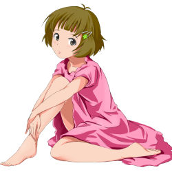 Rule 34 | 00s, 1boy, akizuki ryo, androgynous, barefoot, brown eyes, brown hair, collarbone, dress, artistic error, feet, hair ornament, hands on feet, idolmaster, idolmaster dearly stars, issei, looking at viewer, male focus, pink dress, short hair, short sleeves, simple background, solo, trap, white background, wrong foot