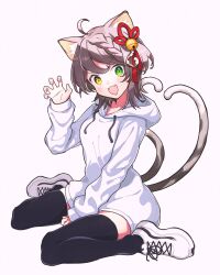 Rule 34 | ahoge, animal ear fluff, animal ears, bell, braid, braided bangs, cat ears, cat girl, cat tail, fang, green eyes, hair bell, hair ornament, heterochromia, highres, hood, hoodie, light brown hair, multiple tails, nekomata, paw pose, prism project, shoes, short hair, skin fang, sneakers, sotonakahara, suzune nia, tail, thighhighs, two tails, virtual youtuber, white hoodie, yellow eyes