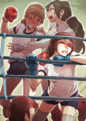 Rule 34 | 4girls, arm support, bandaged hand, bandages, bearclaw, beaten, blood, blush, boxing, boxing gloves, boxing ring, brown hair, bruise, bruised eye, clenched teeth, defeat, gym uniform, hair ornament, hand on shoulder, hime cut, injury, jacket, kneeling, long hair, multiple girls, nosebleed, open mouth, original, outline, pants, ponytail, raised fist, red hair, ryona, scrunchie, shoes, sneakers, sweat, teardrop, teeth, thighhighs, track jacket, track pants, turtleneck