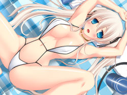 Rule 34 | 1girl, armpits, arms up, blonde hair, blue eyes, breasts, cleavage, large breasts, long hair, mabinogi, nao (mabinogi), shiny skin, slingshot swimsuit, solo, spread legs, swimsuit, twintails, umitsubame