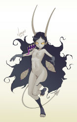Rule 34 | 1girl, armpits, black hair, breasts, brown background, cleft of venus, clitoris, collarbone, colored skin, demon, demon girl, full body, gloves, gradient background, grey skin, horns, looking at viewer, monster, nipples, norasuko, nude, outstretched arms, pussy, simple background, small breasts, tail, yellow eyes