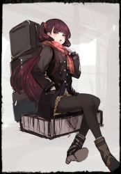 Rule 34 | 1girl, :o, absurdres, black border, black jacket, black pantyhose, blue jacket, blush, boots, border, brown footwear, brown hair, brown skirt, commentary request, crossed legs, enpera, fringe trim, girls&#039; frontline, gloves, hand in pocket, hand up, highres, jacket, long hair, long sleeves, looking at viewer, lumo 1121, official alternate costume, one side up, open clothes, open jacket, open mouth, pantyhose, pleated skirt, red eyes, red scarf, scarf, shoe soles, sitting, sketch, skirt, solo, very long hair, wa2000 (date in the snow) (girls&#039; frontline), wa2000 (girls&#039; frontline), white gloves