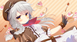 Rule 34 | 1girl, apron, beret, black bow, black gloves, blush, bow, braid, breasts, brown dress, brown eyes, brown hat, cake, cake slice, closed mouth, commentary request, diagonal stripes, dress, dutch angle, flower knight girl, food, frilled apron, frills, gloves, grey hair, hair between eyes, hair bow, hat, hat bow, komugi (flower knight girl), long hair, medium breasts, neckerchief, plate, puffy short sleeves, puffy sleeves, red neckerchief, santa matsuri, short sleeves, smile, solo, spoon, strawberry shortcake, striped, striped background, striped bow, waist apron, white apron