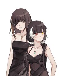 Rule 34 | 2girls, black dress, blonde hair, blunt bangs, blush, breasts, brown hair, cartridge, collarbone, commentary request, dress, evening gown, girls&#039; frontline, grey eyes, hair ornament, hair over shoulder, hair scrunchie, heterochromia, highres, jewelry, looking at another, looking away, m16a1 (girls&#039; frontline), medium breasts, mole, mole under eye, multicolored hair, multiple girls, necklace, official alternate costume, red eyes, ro635 (girls&#039; frontline), scar, scar on face, scrunchie, simple background, sleeveless, sleeveless dress, smile, strapless, strapless dress, sweatdrop, taiyang ami, upper body, white background, white hair, yellow eyes