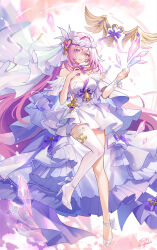 1girl artist_name bell breasts bridal_veil bride cleavage crystal_shards diamond-shaped_pupils diamond_(shape) dress elysia_(herrscher_of_human:_ego)_(honkai_impact) elysia_(honkai_impact) full_body glass_slipper gou_lianlian_dogface head_wreath high_heels highres honkai_(series) honkai_impact_3rd large_breasts long_hair parted_lips pink_hair purple_eyes single_bare_leg single_thighhigh smile symbol-shaped_pupils thighhighs veil very_long_hair wedding_dress white_dress white_thighhighs white_veil