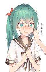 Rule 34 | 1girl, absurdres, black sailor collar, blush, bow, bowtie, chinese commentary, commentary request, green eyes, green hair, hatsune miku, highres, kilo (pixiv), open mouth, ponytail, red-framed eyewear, sailor collar, school uniform, serafuku, simple background, solo, vocaloid, white background