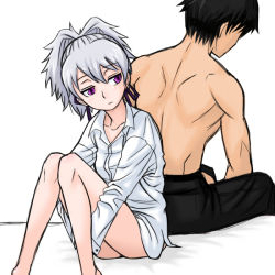 Rule 34 | back, back-to-back, black hair, bottomless, darker than black, hei (darker than black), purple eyes, topless male, sitting, yin (darker than black)