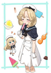 Rule 34 | 2girls, aqua eyes, blonde hair, blue sailor collar, blush, closed eyes, cropped legs, dress, food, gloves, hat, highres, holding, holding food, janus (kancolle), jervis (kancolle), kantai collection, long hair, multiple girls, open mouth, popsicle, sailor collar, sailor dress, sailor hat, shaved ice, short hair, short sleeves, smile, tongue, tongue out, tsuyu shigure, white dress, white gloves, white headwear