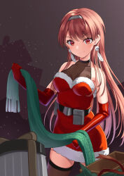 Rule 34 | 1girl, blush, breasts, closed mouth, cowboy shot, dress, elbow gloves, fringe trim, gloves, green scarf, kantai collection, long hair, mayura (lucadia), medium breasts, nevada (kancolle), official alternate costume, red dress, red eyes, red gloves, red hair, santa costume, scarf, smile, solo, unworn scarf