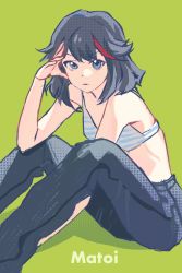 Rule 34 | 1girl, bare shoulders, beishang zha yu, between legs, black hair, black pants, blue bra, blue eyes, bob cut, bra, breasts, chinese commentary, elbow rest, feet out of frame, green background, halftone, halftone texture, hand between legs, hand on own head, highres, kill la kill, knees up, looking at viewer, matoi ryuuko, midriff, multicolored hair, no shirt, on ground, pants, red hair, shadow, short hair, simple background, sitting, small breasts, solo, streaked hair, striped bra, striped clothes, two-tone bra, underwear, white bra