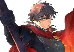 Rule 34 | 1boy, brown eyes, brown hair, cape, durindana (fate), facial hair, fate/grand order, fate (series), gauntlets, gloves, goatee, hector (fate), looking at viewer, male focus, mature male, polearm, short hair, simple background, single gauntlet, smile, solo, spear, tumikilondon5, upper body, weapon, white background
