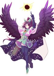 Rule 34 | 1girl, arm cannon, bird wings, black gloves, black sun, black thighhighs, black wings, bow, breasts, brown eyes, brown hair, cape, center frills, closed mouth, collared shirt, commentary request, control rod, frills, fugaku (miko no miyatsuguchi), full body, gloves, green bow, green footwear, green skirt, hair bow, high-waist skirt, high heels, highres, large breasts, long hair, looking at viewer, pointing, pointing up, pointy ears, ponytail, puffy short sleeves, puffy sleeves, reiuji utsuho, shirt, short sleeves, simple background, skirt, smile, solo, starry sky print, sun, thighhighs, third eye, touhou, weapon, white background, white cape, white shirt, wings, zettai ryouiki