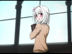 Rule 34 | 1boy, androgynous, anime coloring, bible (object), blush, book, erubo, flower, hair flower, hair intakes, hair ornament, letterboxed, long sleeves, looking back, male focus, open mouth, original, red eyes, school uniform, short hair, shy, silver hair, solo, sweater, trap, yohane bonaventura