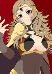 Rule 34 | 1girl, absurdres, ariaridoradora, blush, bodystocking, breasts, brown hair, cape, circlet, cleavage, cleavage cutout, closed mouth, clothing cutout, covered navel, fire emblem, fire emblem fates, grey eyes, hand up, head tilt, highres, long hair, long sleeves, looking at viewer, medium breasts, nintendo, ophelia (fire emblem), red background, simple background, sleeves past wrists, smile, solo, upper body, yellow cape