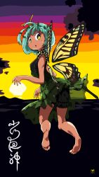 Rule 34 | 1girl, antenna hair, antennae, barefoot, bloomers, blush, butterfly wings, dress, eternity larva, flying, green dress, green hair, highres, huxiao (mistlakefront), insect wings, leaf, leaf on head, looking at viewer, looking back, open mouth, short hair, solo, sunset, tan, touhou, underwear, wings, yellow eyes