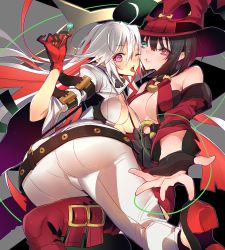 Rule 34 | 2girls, ;p, ass, belt, black gloves, black hair, breasts, candy, cleavage, fingerless gloves, food, gloves, green eyes, guilty gear, guilty gear xrd, hat, heterochromia, high heels, i-no, jack-o&#039; valentine, large breasts, lollipop, long hair, looking at viewer, mole, mole under mouth, multicolored hair, multiple girls, one eye closed, oro (sumakaita), purple eyes, red hair, red hat, short hair, smile, tongue, tongue out, two-tone hair, white hair, witch hat