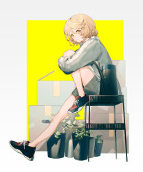 Rule 34 | 1girl, blonde hair, box, braid, cardboard box, from side, full body, jacket, hugging own legs, legs, long sleeves, looking at viewer, nurse robot type t, plant, potted plant, shoes, short hair, sitting, sneakers, solo, suteinua, utau, watering can, yellow eyes