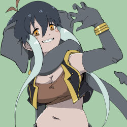 1girl animal_ears bare_shoulders blush borneo_elephant_(kemono_friends) bracelet brown_shirt crop_top elbow_gloves elephant_ears elephant_girl elephant_tail extra_ears gloves gold_trim grey_gloves grey_hair grey_vest hair_between_eyes highres irimo_(knhg3432) jewelry kemono_friends midriff multicolored_hair navel open_clothes open_vest orange_eyes shirt short_hair_with_long_locks sidelocks sleeveless smile solo two-tone_hair upper_body vest white_hair