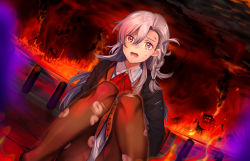 Rule 34 | 1girl, ascot, asymmetrical hair, bad id, bad pixiv id, black jacket, braid, brooch, brown pantyhose, burning, crying, crying with eyes open, cuts, fate/grand order, fate (series), hair between eyes, highres, injury, jacket, jewelry, knees together feet apart, long hair, looking at viewer, nochita shin, olga marie animusphere, open clothes, open jacket, open mouth, pantyhose, pink eyes, side braid, silver hair, sitting, solo, tears, torn clothes, torn pantyhose, waistcoat