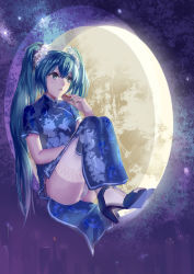 Rule 34 | 1girl, china dress, chinese clothes, dress, full moon, green eyes, green hair, hatsune miku, high heels, highres, lace, lace-trimmed legwear, lace trim, liyou-ryon, long hair, matching hair/eyes, moon, mooncake, panties, scrunchie, sitting, solo, thighhighs, twintails, underwear, very long hair, vocaloid