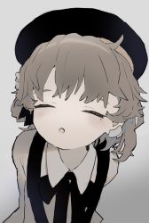 Rule 34 | 1girl, :o, beret, black bow, black hat, blush, bow, brown hair, closed eyes, collared shirt, eyebrows hidden by hair, facing viewer, gradient background, grey background, hat, hatoba tsugu, highres, leaning forward, mole, mole under eye, open mouth, parted lips, sha2mo, shirt, solo, suspenders, virtual youtuber, white shirt