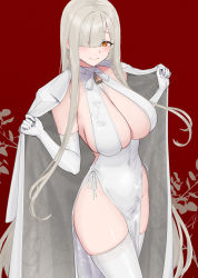 Rule 34 | 1girl, ak-12 (girls&#039; frontline), breasts, cleavage, closed mouth, commentary request, covered navel, dress, earrings, girls&#039; frontline, gloves, hair over one eye, hayabusa, highres, jewelry, large breasts, long hair, looking at viewer, mole, mole on breast, mole under eye, original, red background, skindentation, smile, solo, standing, thighhighs, thighs, very long hair, white dress, white gloves, white hair, white thighhighs