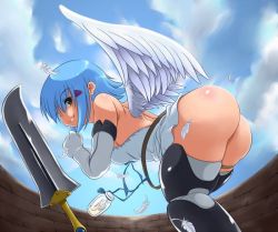 Rule 34 | 00s, 1girl, angel, angel of light nanael, angel wings, ass, bare shoulders, blue hair, boots, elbow gloves, gloves, green eyes, miniskirt, nanael (queen&#039;s blade), nanael (queen's blade), queen&#039;s blade, short hair, skirt, solo, sugiura, sword, thighhighs, weapon, wings