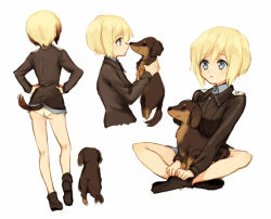 Rule 34 | 1girl, animal, ass, bad id, bad pixiv id, blonde hair, blue eyes, bob cut, brown hair, dachshund, dog, erica hartmann, from behind, holding, holding animal, indian style, kodamari, military, military uniform, multicolored hair, panties, short hair, simple background, sitting, solo, strike witches, two-tone hair, underwear, uniform, white background, white panties, world witches series